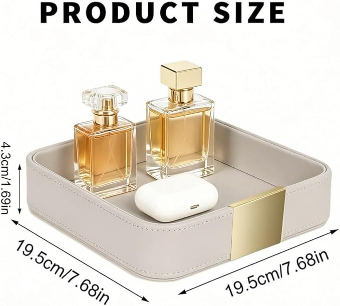 SANZIE Luxury Leather Desktop Storage Small Catchall Organizer Decorative Tray for Entryway Table to Hold Jewelry Watch Cosmetics Keys Phone Wallet, Home & Office Accessories (Metal Gilded, Grey) | Metal Gilded, Leather Decorative Tray for Entryway Tab...