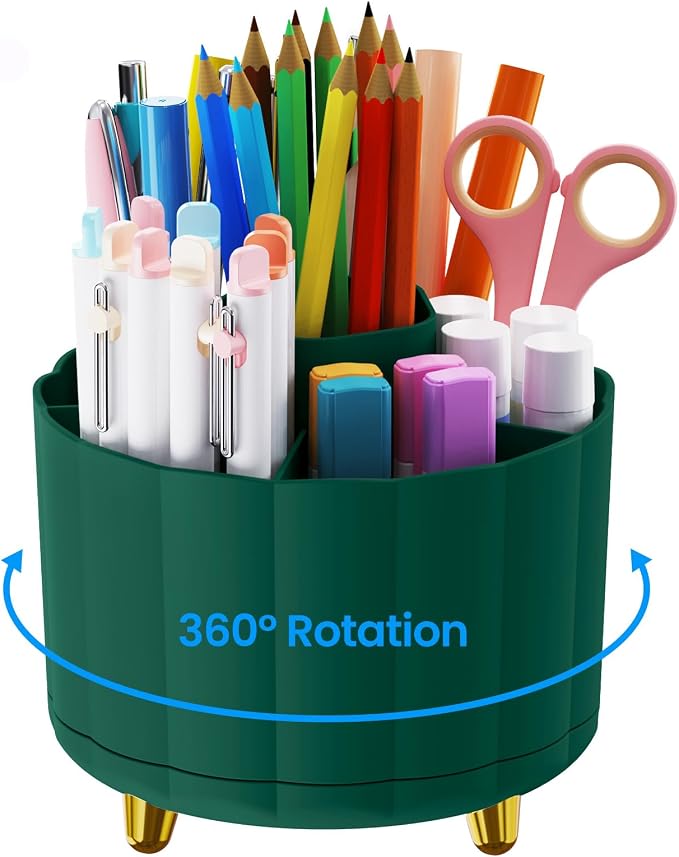 Desktop Organizer 360 Rotating, with 6 Slots Pen & Pencil Holder, Desk Caddy for Markers, pen, pencil, Space Saving Office Organization, Small Desk Essentials, Work Home, Green