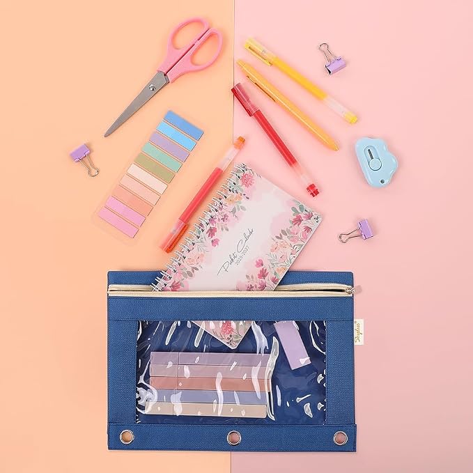 SKYDUE Pencil Pouch for 3 Ring Binder, Zipper Pencil Pouches for Girls Boys, Clear Window Pencil Bag, 3 Ring Pencil Pouch Case for Binder, Durable Organizer for School Supplies