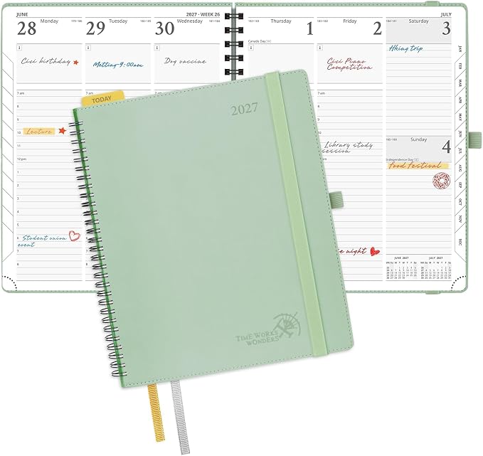 POPRUN 2027 Planner, 8.5'' x 10.5'', Weekly and Monthly Daily Calendar Book | 2027 Agenda(Jan - Dec) Appointment Book with Hourly Time Slots, Monthly Tabs, 100GSM, Spiral Leather Cover - Celadon Green
