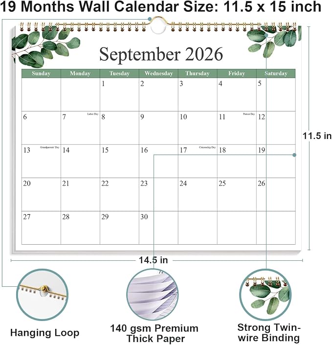 2026-2027 Calendar - Calendar 2026-2027 from July 2026 - December 2027, 19 Months Calendar with Premium Paper, Twin-Wire Binding & Hanging Hook, 12" x 14.5", Green Leaf