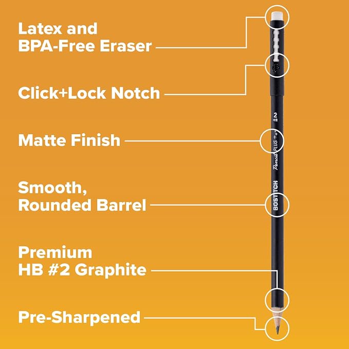 Bostitch, Wood-Cased Pencil Plus, Retractable Eraser, American Cedar Wood, #2 HB, Round, Matte Black, Pre-sharpened, Ten Pack