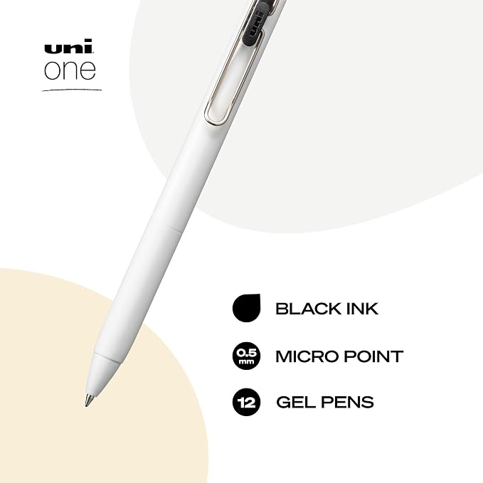 uniball™ one Retractable Gel Pens, Micro Point (0.5mm), Black Ink, 12 Pack | Ink stays on top of paper fibers for crisp vivid lines, wire pocket clip, color indicator top, smooth barrel & rubber grip