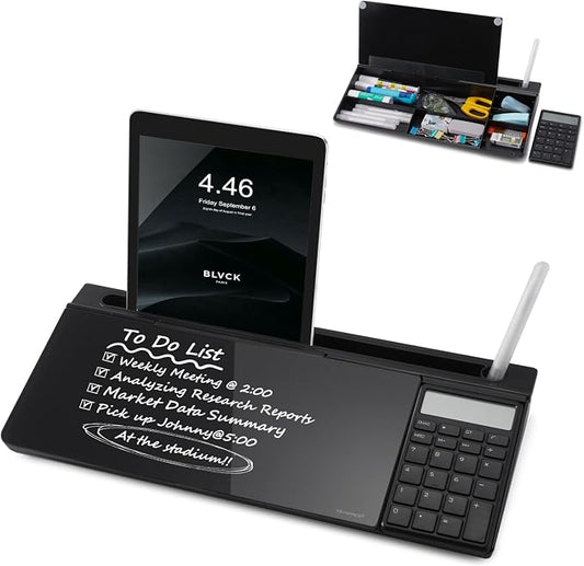 Small Glass Desktop Whiteboard Dry-Erase-Board - Computer Keyboard Stand with Calculator White Board Surface Pad with Drawer, Desk Organizers with Accessories for Office, Home, School Supplies - Black