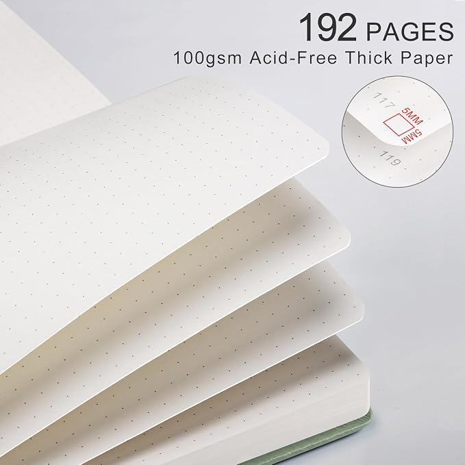 Dotted Journal Notebook for Women Men, 192 Pages, A5 (5.7'' x 8.3'') | Hardcover Leather Notebook with 100GSM Thick Paper for Traveling, Journaling, Planning, Tracking (Light Green)