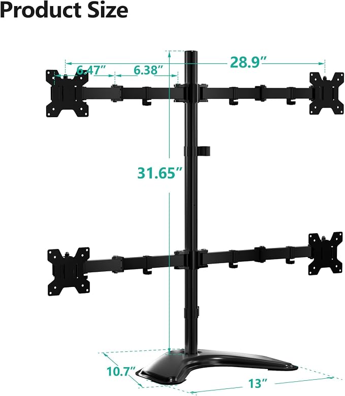 WALI 4 Monitor Stand for 13-27 inch Computer Screens up to 17.6lbs,Adjustable Quad Monitor Mount, Free Standing 4 Monitor Mount Full Motion with Tilt, Rotation, VESA Mount 75/100mm (MF004), Black