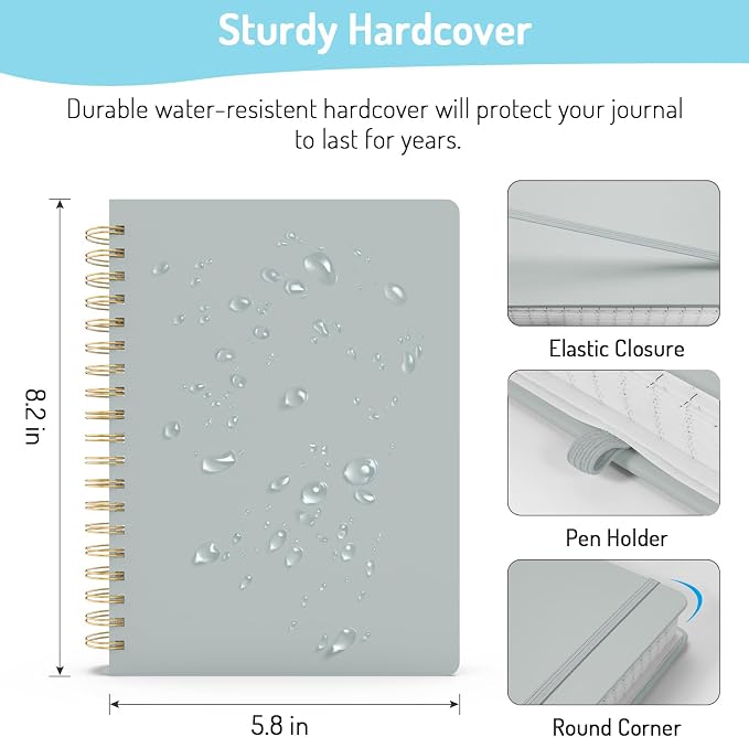 Forvencer Lined Spiral Journal Notebook with 300 Numbered Pages, A5 Thick Journals for Writing with 100GSM Paper, Hardcover Notebooks with Contents for Work, School, Women, Men, Grey