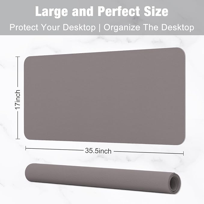 Hsurbtra Desk Pad, 35.5" x 17" PU Leather Desk Mat, XXL Extended Mouse Pad, Waterproof Desktop Blotter Protector, Non-Slip Ultra Thin Large Laptop Keyboard Writing Mat for Office Home, Light Gray