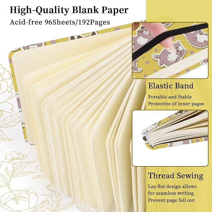 4.8" Square Pocket Sketch Book,Hardcover Art Sketchbook for Drawing Journal | Cloth Cover,80gsm Blank Paper,96Sheets,Lay-Flat,Portable Travel Creation Paint Diary Memo Planner,Dry Media.Yellow Cat