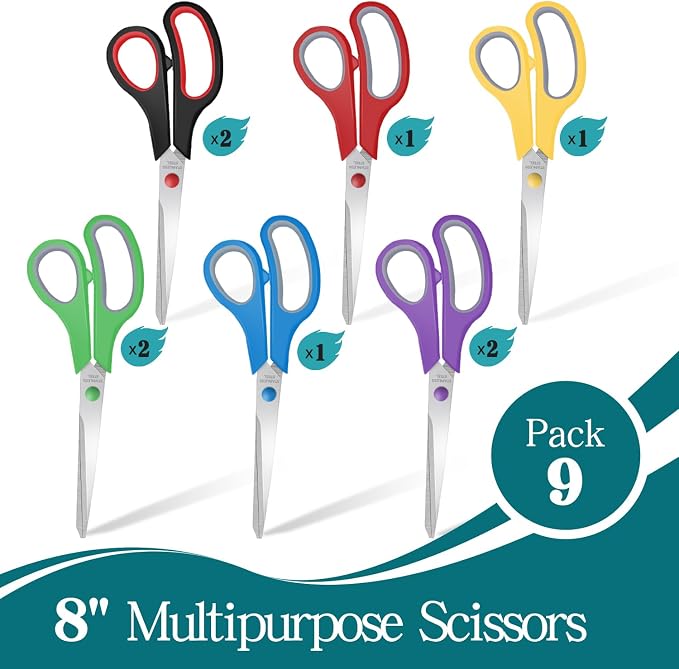 9 Packs 8" Sewing Craft Scissors Bulk,Multipurpose Heavy Duty Sharp Paper Scissors,All Purpose Stainless Steel Scissors for Home Office Student Teacher Supplies