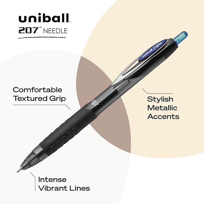 uniball 207 Needle Retractable Gel Pens, Medium Point (0.7mm), Blue, 12 Pack