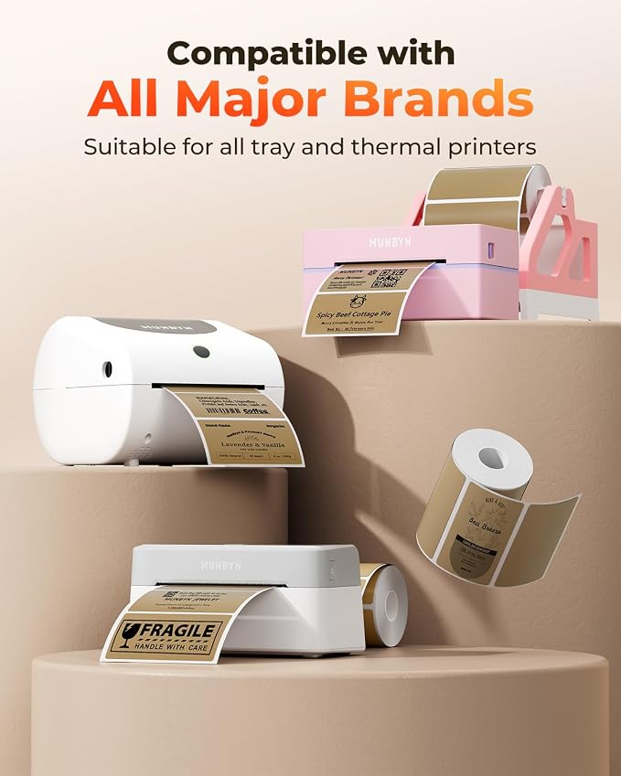 MUNBYN 4x2 Thermal Labels, 500 Sheets/1 Roll, Brown | Strong Adhesive & Perforated, Non BPA&BPS for Small Business, Barcode, Bakery, Inventory, Price Tag