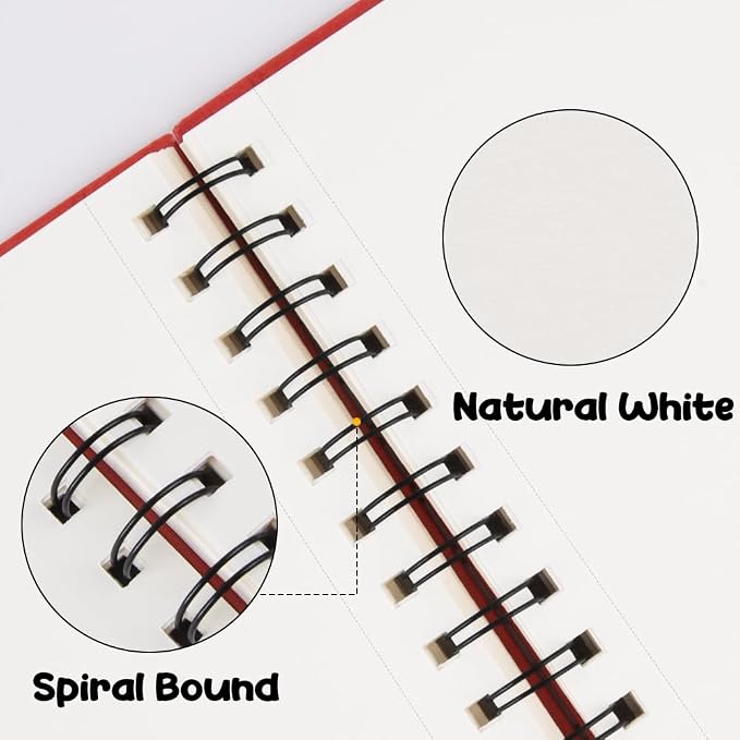 5.8x8.3in Sketch Book, 60Sheets Spiral Bound Notebooks, Natural White 92lbs/150gsm Acid-Free Drawing Paper for Painting,Sketching, Professional Sketch Pad for Artists, Beginners. NW-Red