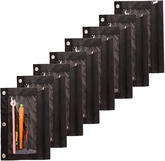 Zippered Binder Fabric Pencil Pouch | 3 Rings with Clear Window for School Classroom Organizers 8 pack (Black)