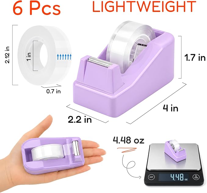 Lightweight Desktop Tape Dispenser, Tape Holder with 6 Rolls Transparent Tape, Stable Non-Skid Base for Office, Home & School, 1-Inch Core (0.71 in x 1000 in Each)