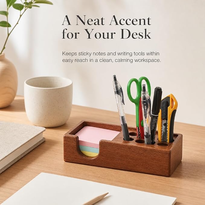 Wood Pencil Holder Pen Display Stand 3x3 Inch Sticky Note Holder | Elegant Post It Note Holder Notepad Dispenser Desk Organizer with Pen Slot for Sticky Notes, Pens, Scissors and Small Tool