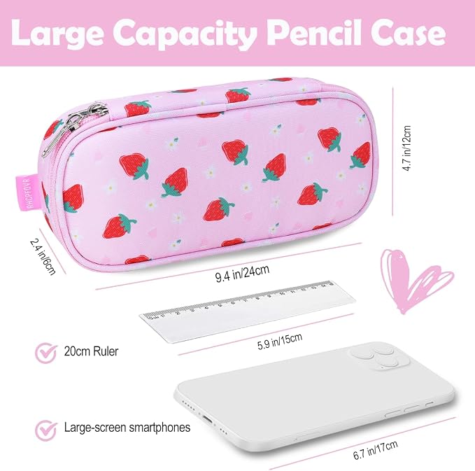RHCPFOVR Kids Pencil Case for Girls-Soft Zipper Large Capacity Pencil Pouch for Girls Pencil Case for School Pencil Bag for Toddler (Pink Strawberry)