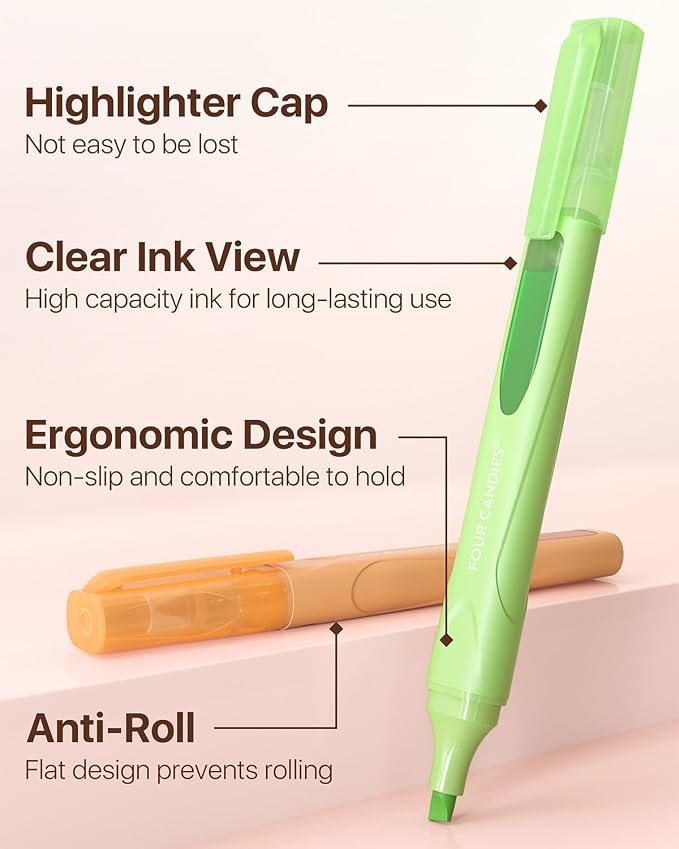 Four Candies Highlighters Assorted Colors, Classic Colors, 10 Count | Clear View Design, No-Bleed Ink, Soft Chisel Tip, Organizing, Journaling, Highlighting, Back to School Supplies