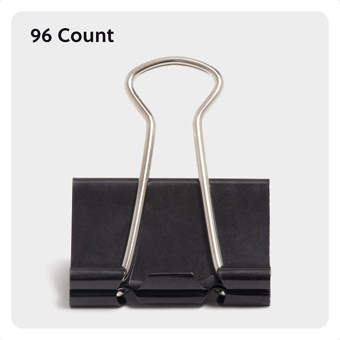 U Brands Binder Clips, Medium 1-1/4" Width, 1/2" Paper Holding Capacity, Black and Silver Steel, 96-Count