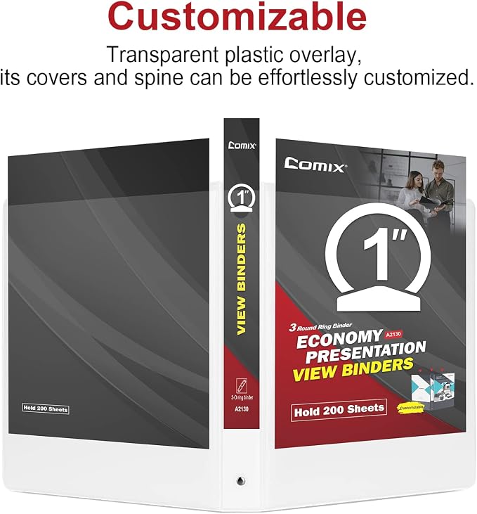 COMIX Sturdy 3 Ring Binder 1 inch with Clear View Cover, 1" Round Ring View Binder, PVC-Free, 200 Sheets Capacity of US Letter Size Paper, Office ＆ School Supplies, 24 Pack (White)