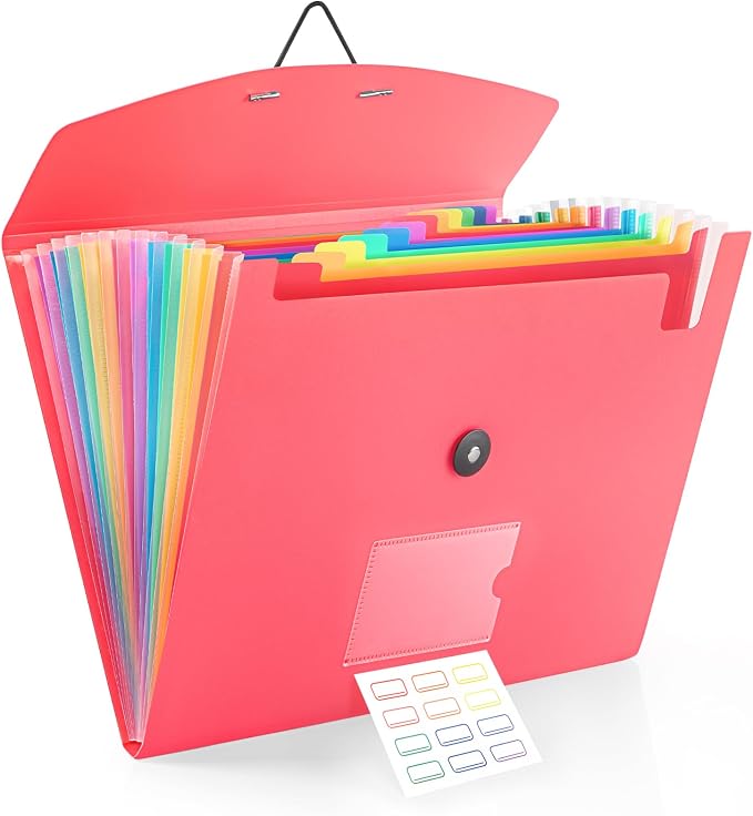 13 Pocket Accordion File Organizer with Elastic Closure, Expanding File Folder for Letter Size A4 Papers, Ideal for Home, Office Supplies, College Essentials - Pink