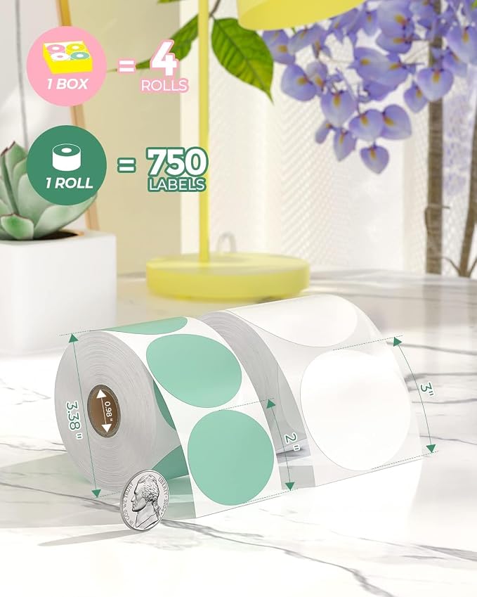 MUNBYN 2 Inch Color Circle Thermal Sticker Label, Self-Adhesive Round Direct Thermal Label for Logo Design, White Pink Green Yellow, 3000 Sheets/4 Rolls