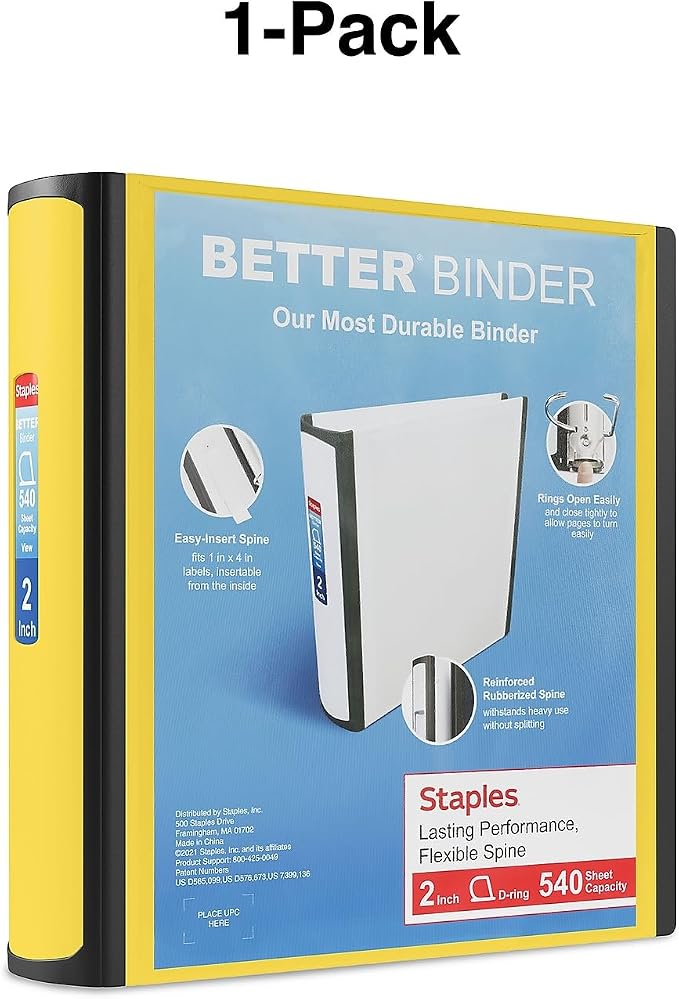 Staples Better Binder, 2" Heavy‑Duty D‑Ring 3‑Ring Binder, Yellow, Reinforced Spine, 540‑Sheet Capacity, Durable for School, Office, Filing & Presentations, 2‑Pack