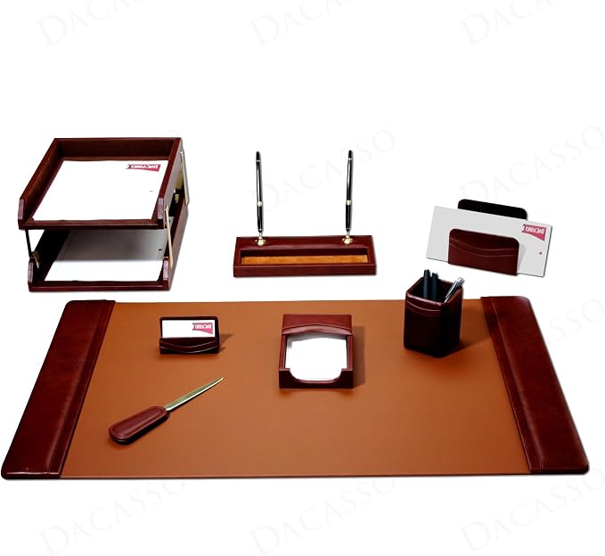 Dacasso Mocha Leather 10-Piece Desk Accessory Set - Organization Essentials & Executive Decor - Luxury Leather Blotter for Office Organization