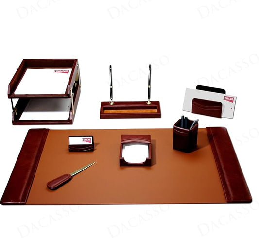 Dacasso Mocha Leather 10-Piece Desk Accessory Set - Organization Essentials & Executive Decor - Luxury Leather Blotter for Office Organization