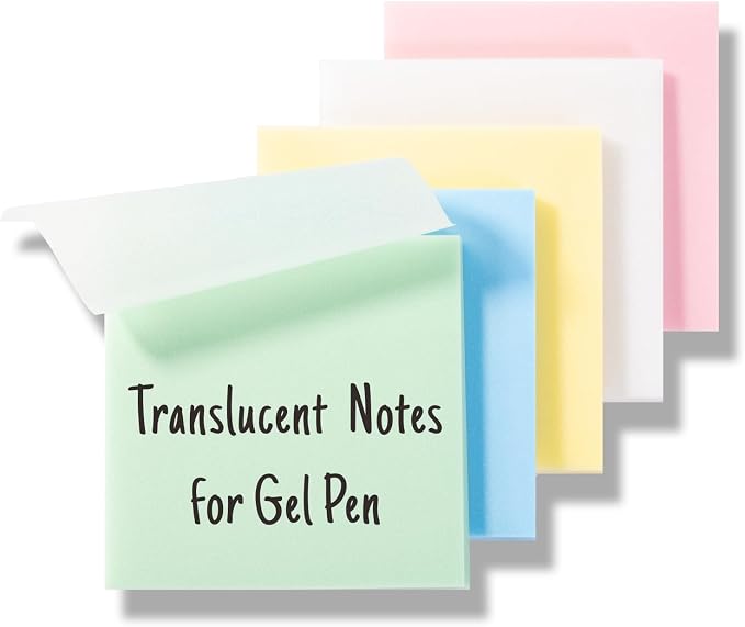 Gel Pen Friendly Colored Transparent Sticky Notes - Translucent Matte Pastel Pads for Study, 5 Bright Colors, 3x3 in, 5 Pads 250 Sheets, Quick Dry Smudge-Free