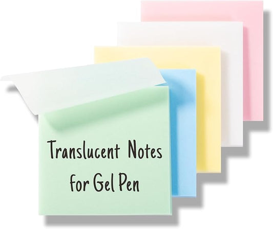 Gel Pen Friendly Colored Transparent Sticky Notes - Translucent Matte Pastel Pads for Study, 5 Bright Colors, 3x3 in, 5 Pads 250 Sheets, Quick Dry Smudge-Free