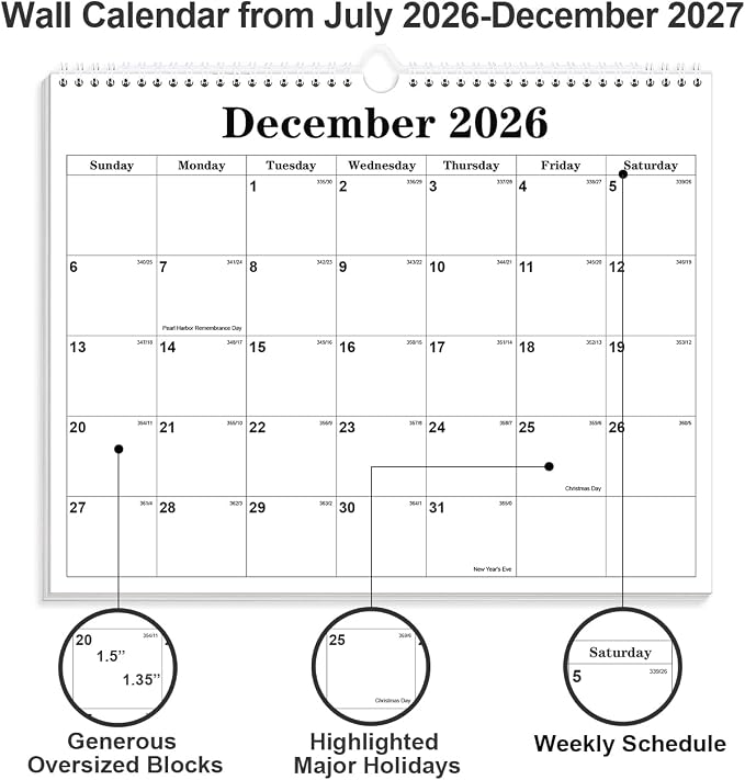 Calendar 2026-27 - Calendar 2026-2027 from July 2026 to December 2027, Spiral Binding Hanging Wall Calendar 2026 for Home/Office, 8.5" x 11", Black
