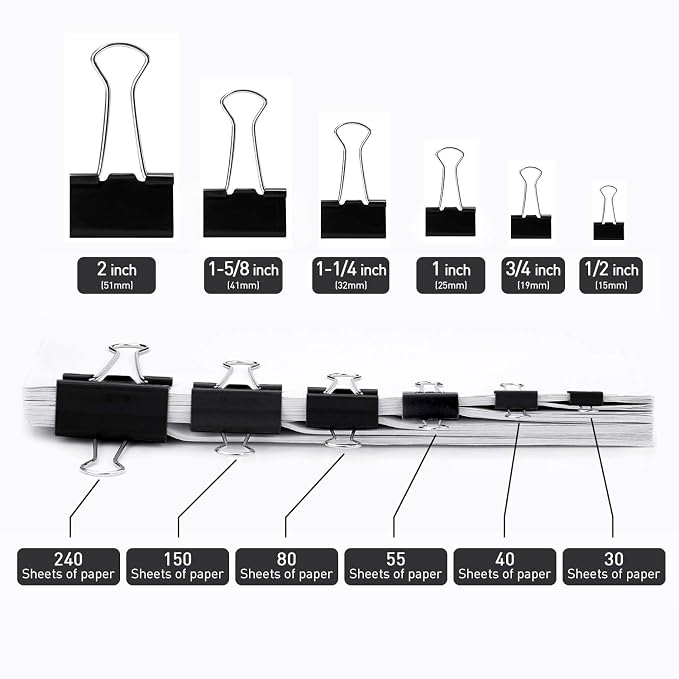 Medium Binder Clips, 144 Pack, 1-1/4 Inch, 1.25 Inch, Standard 32mm, Black, Capacity 0.6 Inch, Metal Paper Clips, Fold Clamp, Office Clips, School & Home Use