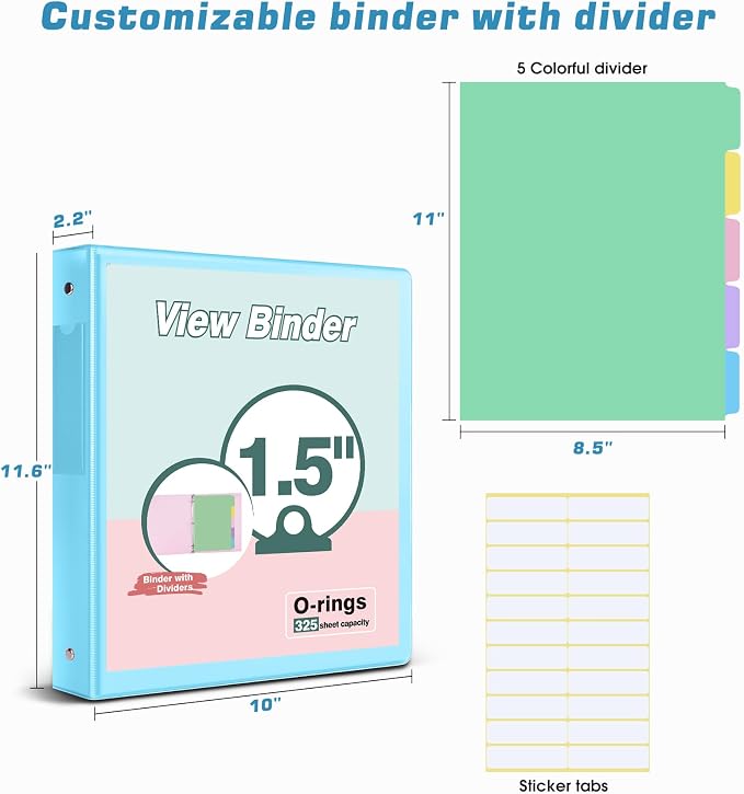 3 Ring Binder 1.5 inch，Cute Binder Organizer with 5 Tab Dividers Fits 175 Sheets of 8.5x11 Paper, Customizable Clear Cover with Inside Pockets, Aesthetic 1.5" Three Ring Binders for School Office，Blue