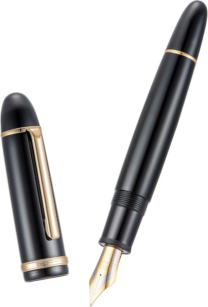 Jinhao X159 Black Acrylic Fountain Pen, Size 8 Medium Nib Gold Trim Classic Design Smooth Writing Pen with Converter