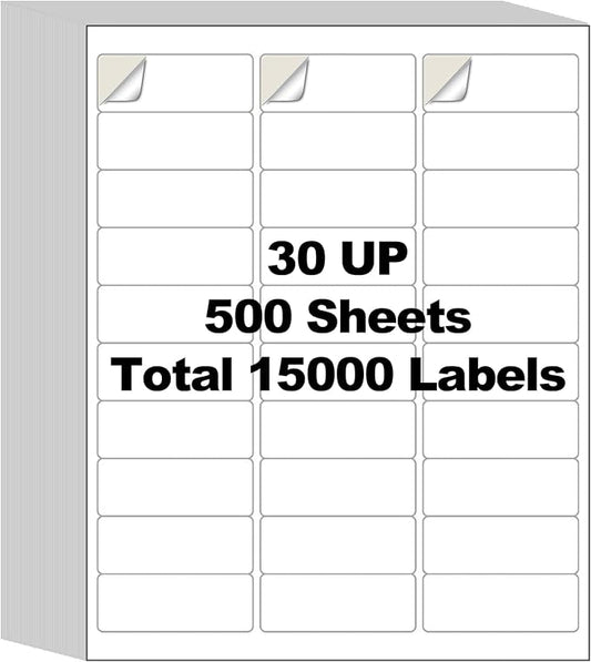 500 Sheets 15000 Address Labels, AveneMark 30-UP 1" x 2-5/8" Shipping Sticker Papers for Laser and Inkjet Printers, 30 Labels per Sheet