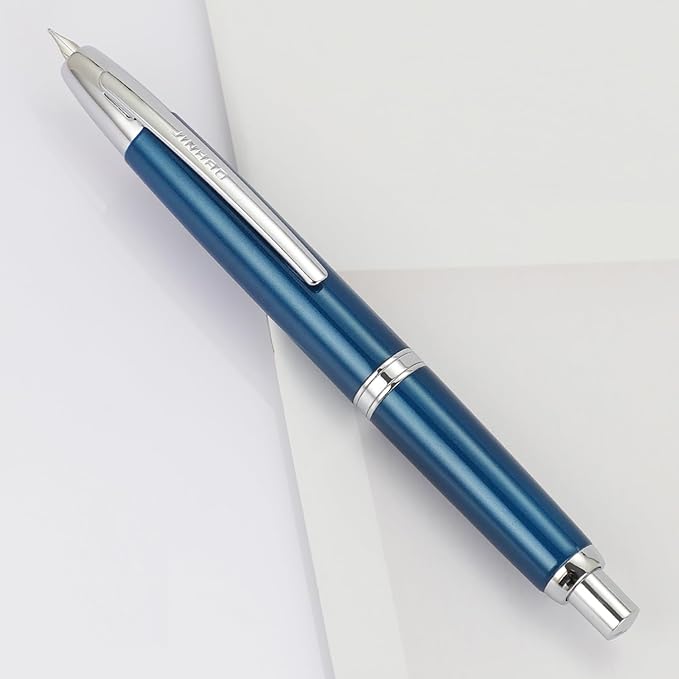 JH10 Press Fountain Pen Fine Nib with Velvet bag, Retractable Blue Metal Ink Pen with Converter Writing (PEARL BLUE)