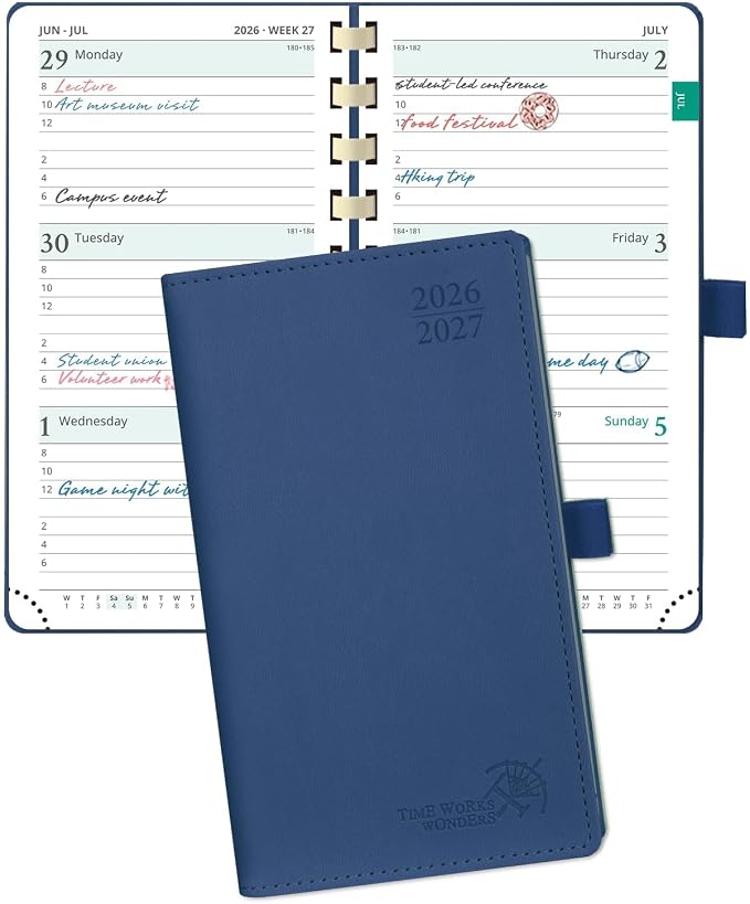 POPRUN Pocket Planner 2026-2027, Small 3.5''x6.5'' Academic Pocket Calendar | Weekly Planner, Purse Calendar Book(July 2026 - June 2027) with Hourly Time Slots, Spiral Soft Cover - Navy Blue