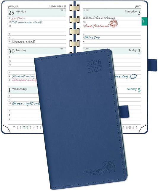 POPRUN Pocket Planner 2026-2027, Small 3.5''x6.5'' Academic Pocket Calendar | Weekly Planner, Purse Calendar Book(July 2026 - June 2027) with Hourly Time Slots, Spiral Soft Cover - Navy Blue