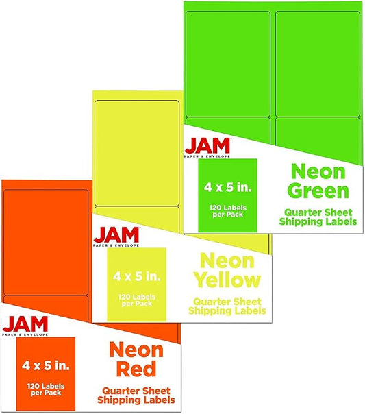 JAM PAPER Shipping Address Labels - 4 x 5 - Quarter Page/Extra Large - Assorted Bright Neon Colors - 360/Pack