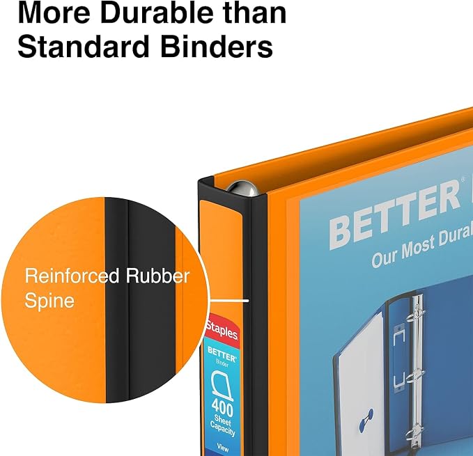 Staples Better Binder 1.5-Inch D-Ring View Binder, Reinforced Spine, Holds Up to 350 Sheets, Orange, for Office & School
