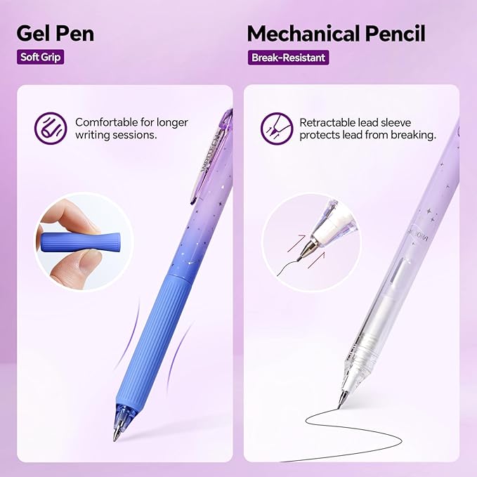 WRITECH Gel Pens Journaling Highlighters: Purple Journal Set Assorted Pastel Color 0.5mm&0.7mm Fine Point Retractable Black Ink Pen Mechanical Pencil Smooth Writing Drawing 8ct