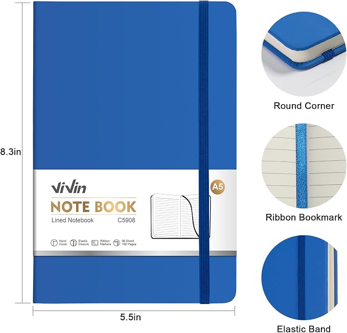ViVin Lined Journal Notebooks for Professional Office Work,192 Pages,Medium 5.5 x 8.3 inch,College Ruled,A5 Hardcover Journaling Notebooks for Writing,8 Pack Bulk