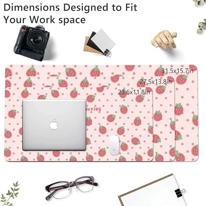 Cute Strawberry Pink Large Mouse Pad, PU Leather Desk Pad Protector, Non-Slip Computer Desk Writing Mat, Gaming Keyboard Mouse Pad, Office Desk Accessories