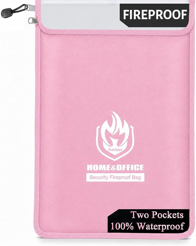 Upgraded Two Pockets Fireproof Document Bag (2000℉), andyer 15”x 11”Waterproof Fireproof Money Bag with Zipper, Fire Safe Waterproof Holder Pouch for Valuables, Legal Documents (Pink)