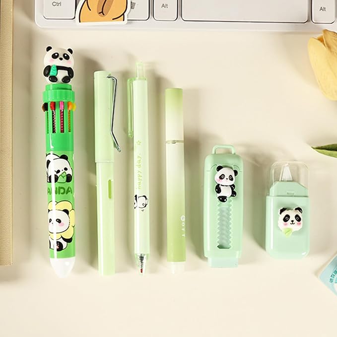 MOZXIRZ 6 Pcs Cute Panda Stationery Set for Women Back to School Supplies Office Supplies Including Gel Ink Pens Ballpoint Pens Pencil Eraser (Panda)