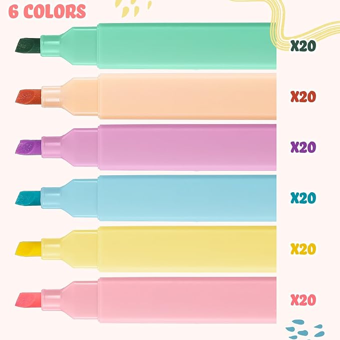 Marspark 120 Pcs Highlighters Bulk Chisel Tip Aesthetic 6 Assorted Colors No Bleed Cute Soft Bohemian Color Marker Pens for Journal Planner Notes Study Office Supplies (Pastel Colors)