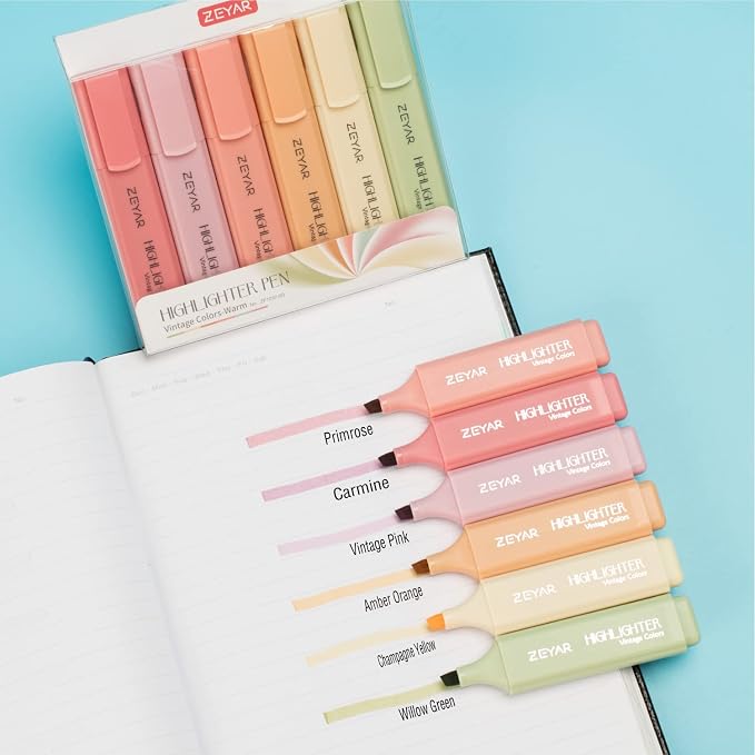 ZEYAR Highlighter Pen, Vintage Colors Chisel Tip Markers, Water Based, Quick Dry, No Bleed, for Bible Study Notes School Office (12 Vintage Colors)