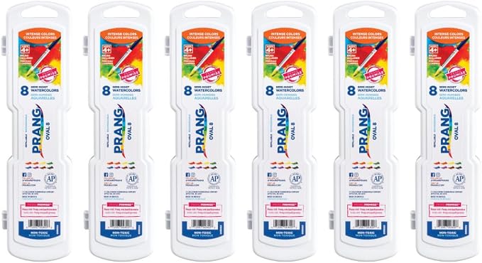 Prang Semi-Moist Watercolors 8-Color Oval Pan Set, Pack of 6 | Refillable, Wax-Free Pigments, Mixing Tray in Lid, Size 6 Paintbrush Included