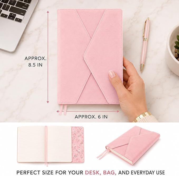 WORLD TRAVELER Eccolo Lined Journal Notebook, Velvet Hardcover, 256 Ruled Pages of Acid-Free Ivory Color Paper, Magnetic Flap Closure, 3 Bookmarks, Size 6X8, 6X8 Pink | Ivory Acid-Free Ruled Paper, 3 Sewn-In Bookmarks, Lay-Flat Design, Stitched Spine, ...